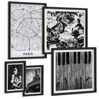 BILDER SET 5er Set - 50x50 cm & 20x30 cm & 40x60 cm Schwarzer Rahmen - Porträt einer Frau mit einer Eiffel-Rose - Schwarz, Kunststoff (40/60cm) - TULUP