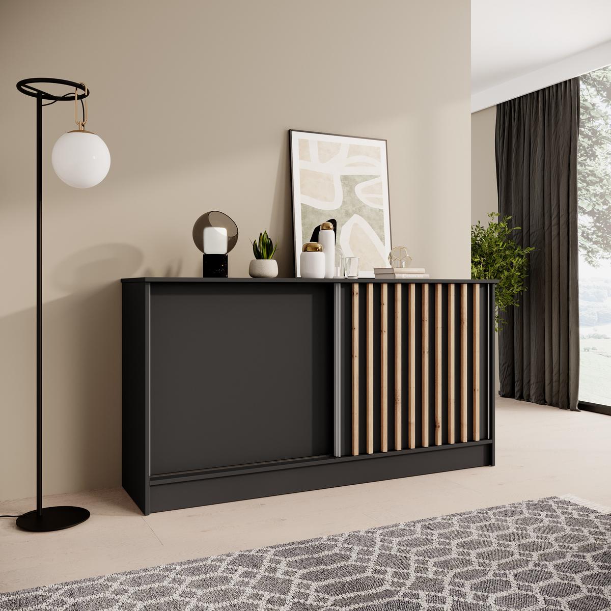 KOMMODE Horizon mit 2 Schiebetüren, Schwarz, 160 cm - Schwarz/Eiche Artisan, Holzwerkstoff (161/85/43.5cm) - Beautysofa