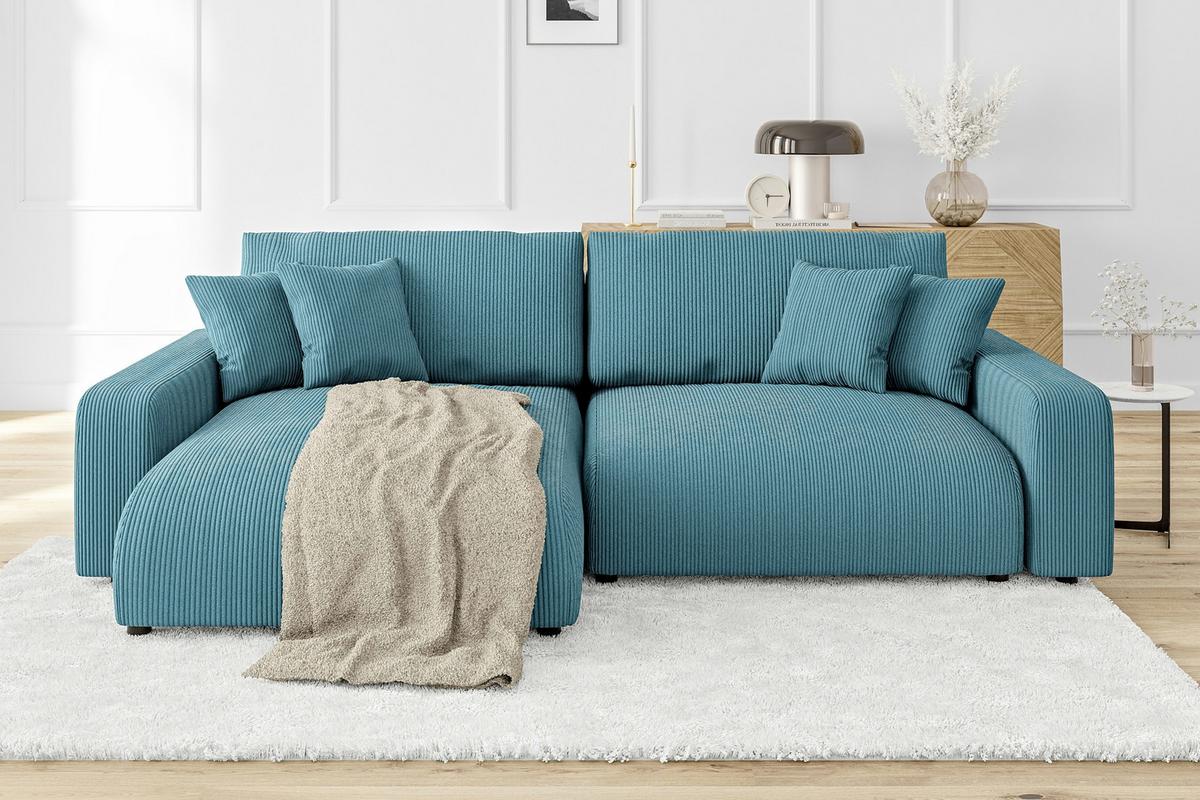ECKSOFA Emma Türkis Cord - Ottomane links - Türkis, Textil (234/170cm) - S-Style Möbel