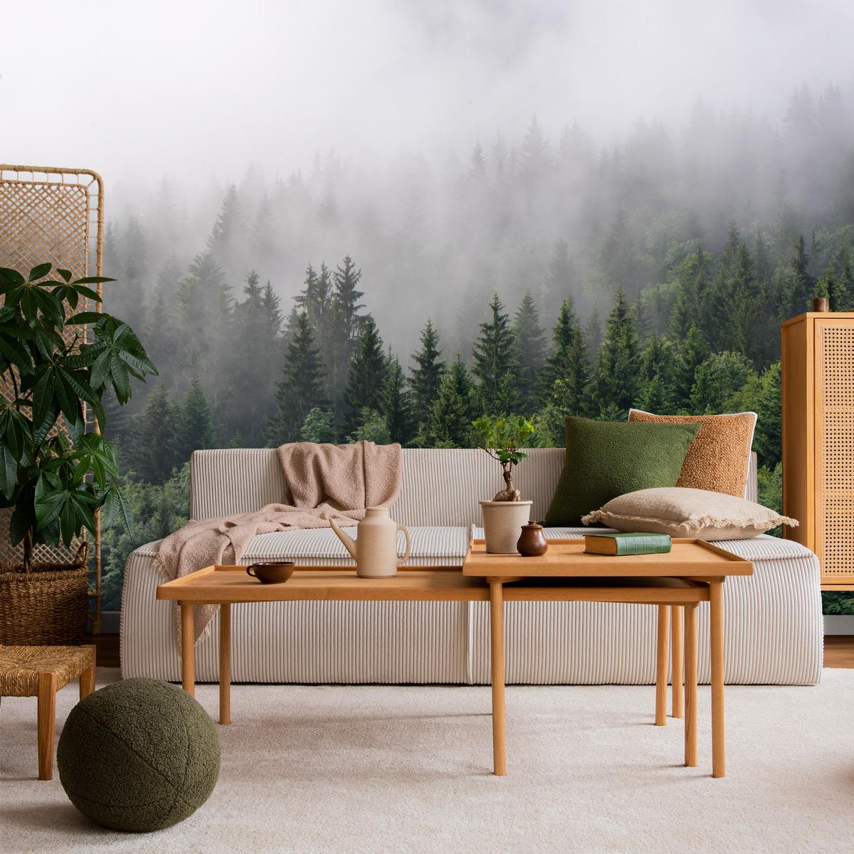 FOTOTAPETE für Wohnzimmer Nadelbäume Nebelwald Grün 350x256 - Grau/Grün, Papier (350/256cm) - Muralo