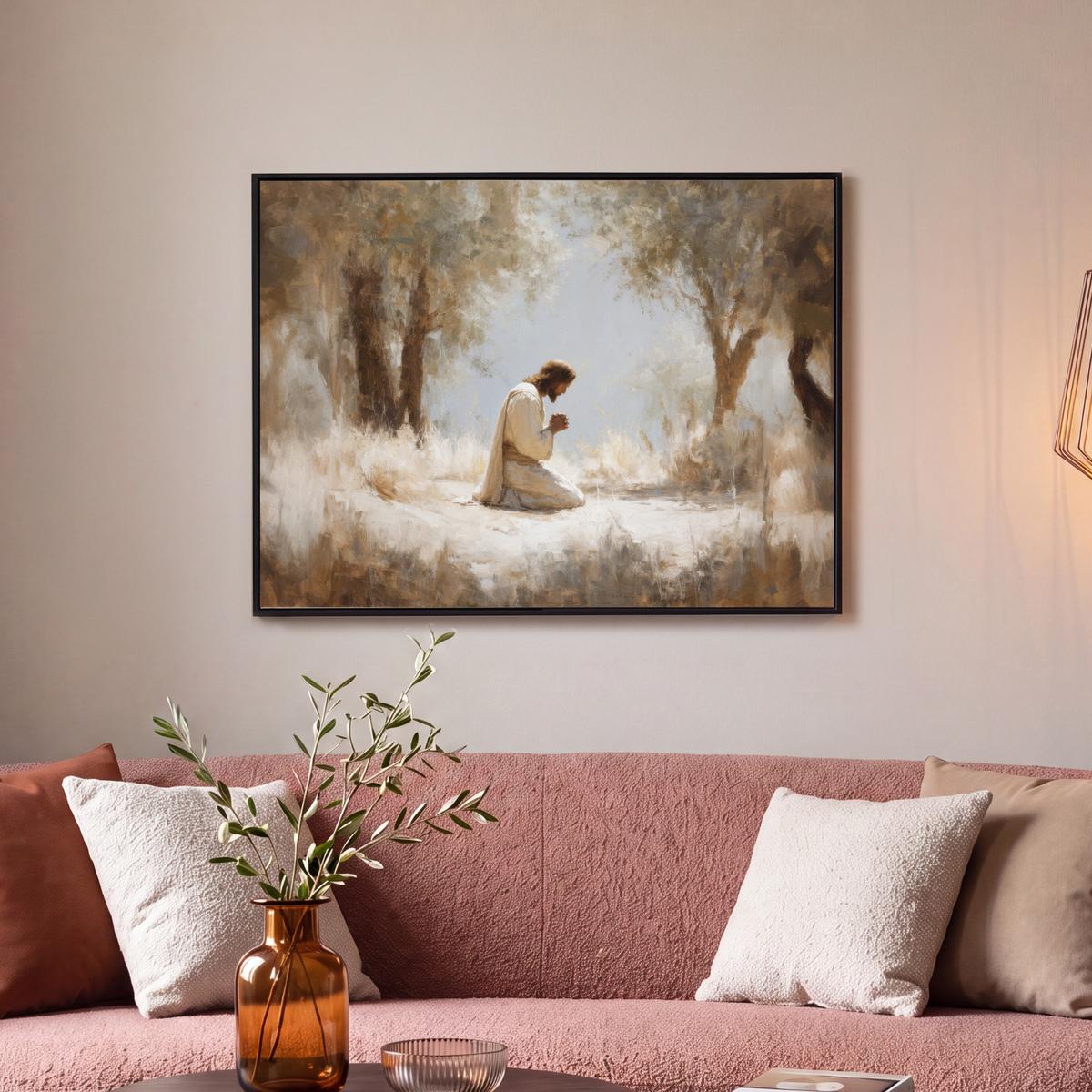 LEINWAND Bilder mit Rahmen - Jesus - Kniend - Waldlandschaft - Betend - 70x50 - Beige, Textil (70/50cm) - MuchoWow