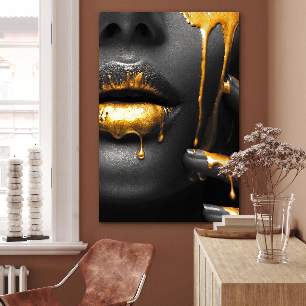 METALLBILD Frau - Schwarz - Gold - Gesicht - Lippen 80x120 cm - Goldfarben, Metall (80/120cm) - MuchoWow