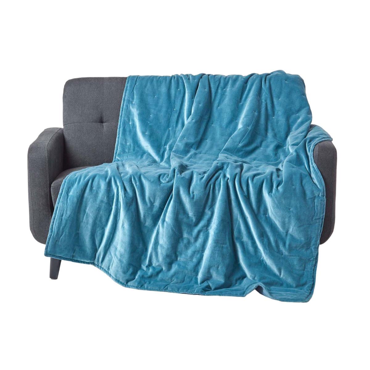 SAMT-KUSCHELDECKE 150/200 cm, Baumwolle wattiert - Blau, Textil (150/200cm) - Homescapes