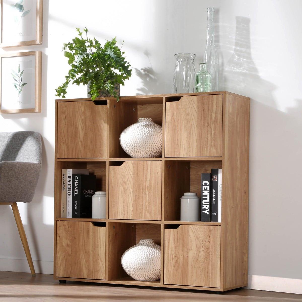 WÜRFELREGAL 9 Fächer mit 5 Türen Holzdekor B89 cm - MODU - Eichefarben, Holzwerkstoff (29/90.5/35cm) - Calicosy