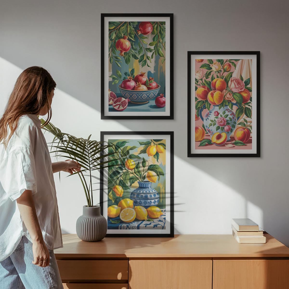 BILDER SET 3er Set - 40x60 cm Schwarzer Rahmen - Fruchtzusammensetzung von Granatäpfeln - Schwarz, Kunststoff (40/60cm) - TULUP