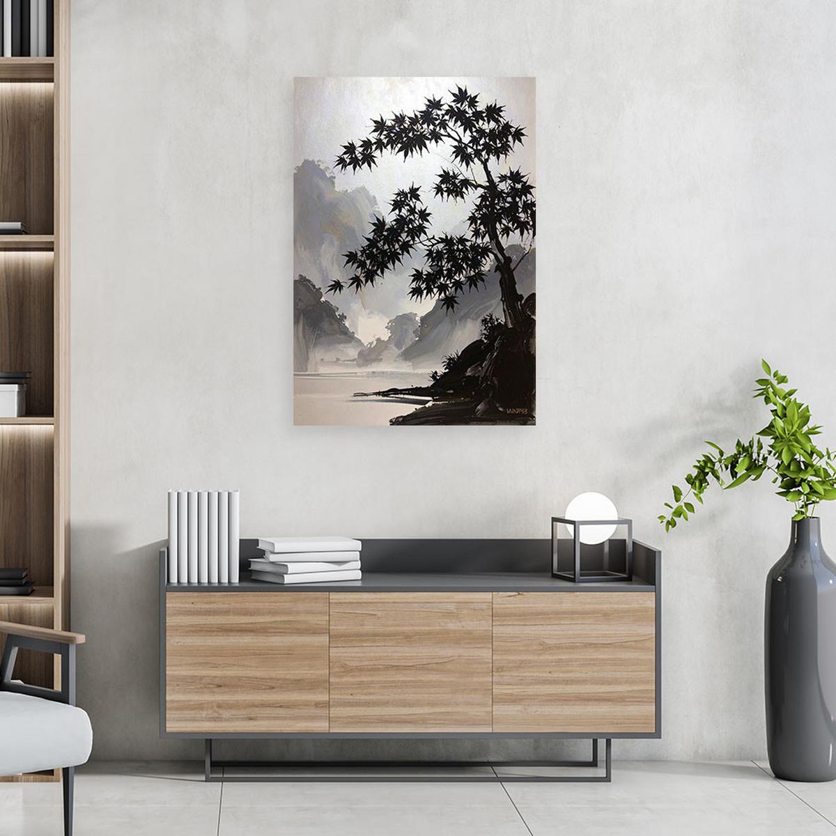BILD auf Leinwand, Schwarze Ahornbäume pastellfarbene Landschaft - Schwarz, Textil (20/30cm) - Feeby