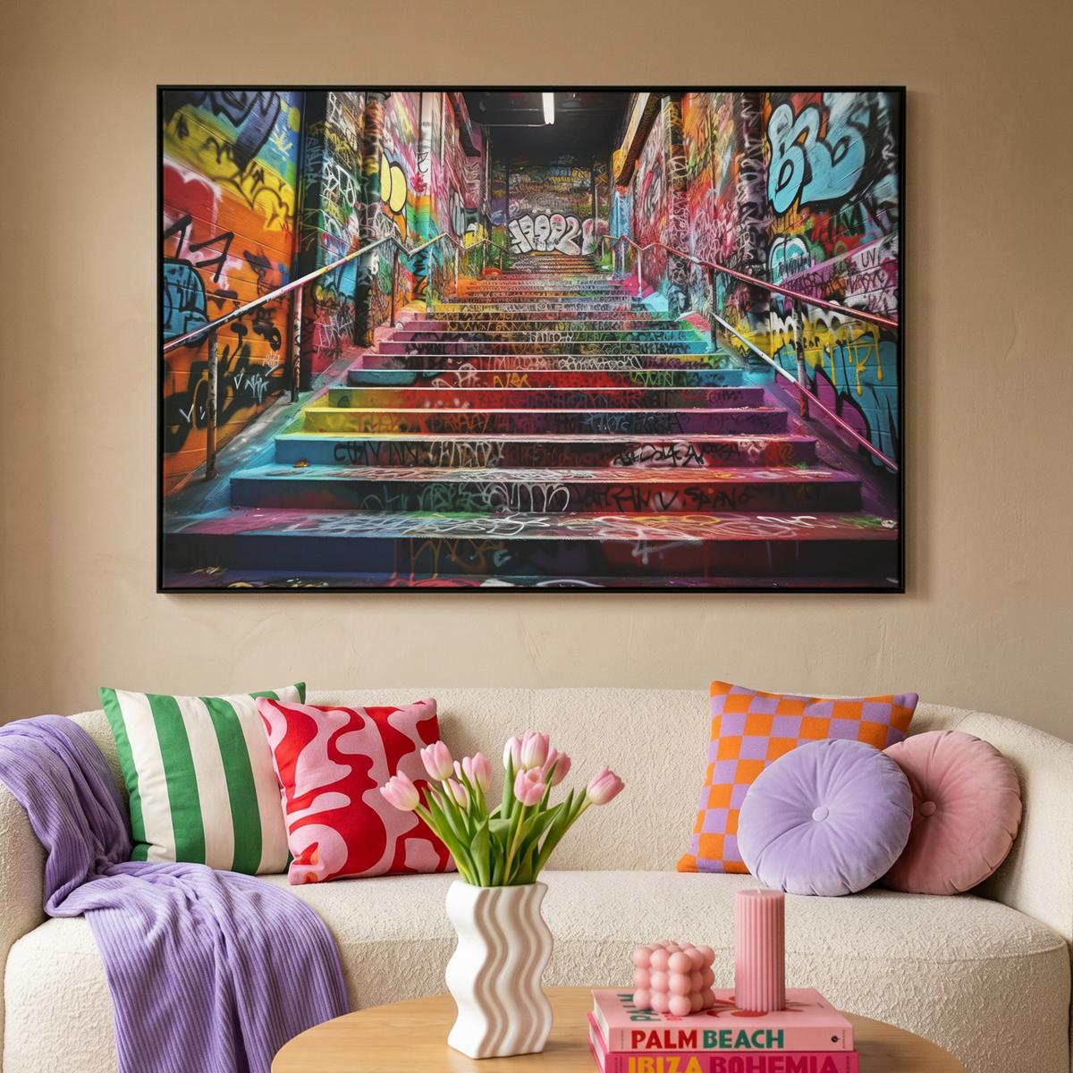 LEINWAND Bilder mit Rahmen - Treppe - Graffiti - Farben - Kunst - 140x90 - Multicolor, Textil (140/90cm) - MuchoWow
