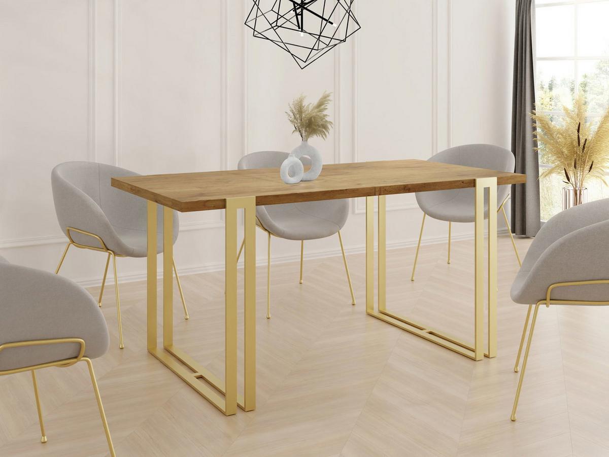 ESSTISCH Stella rechteckig ausziehbar, Lancelot Eiche 120-220/80/76 cm - Eichefarben/Goldfarben, Holzwerkstoff/Metall (80/220/76cm) - WFL GROUP