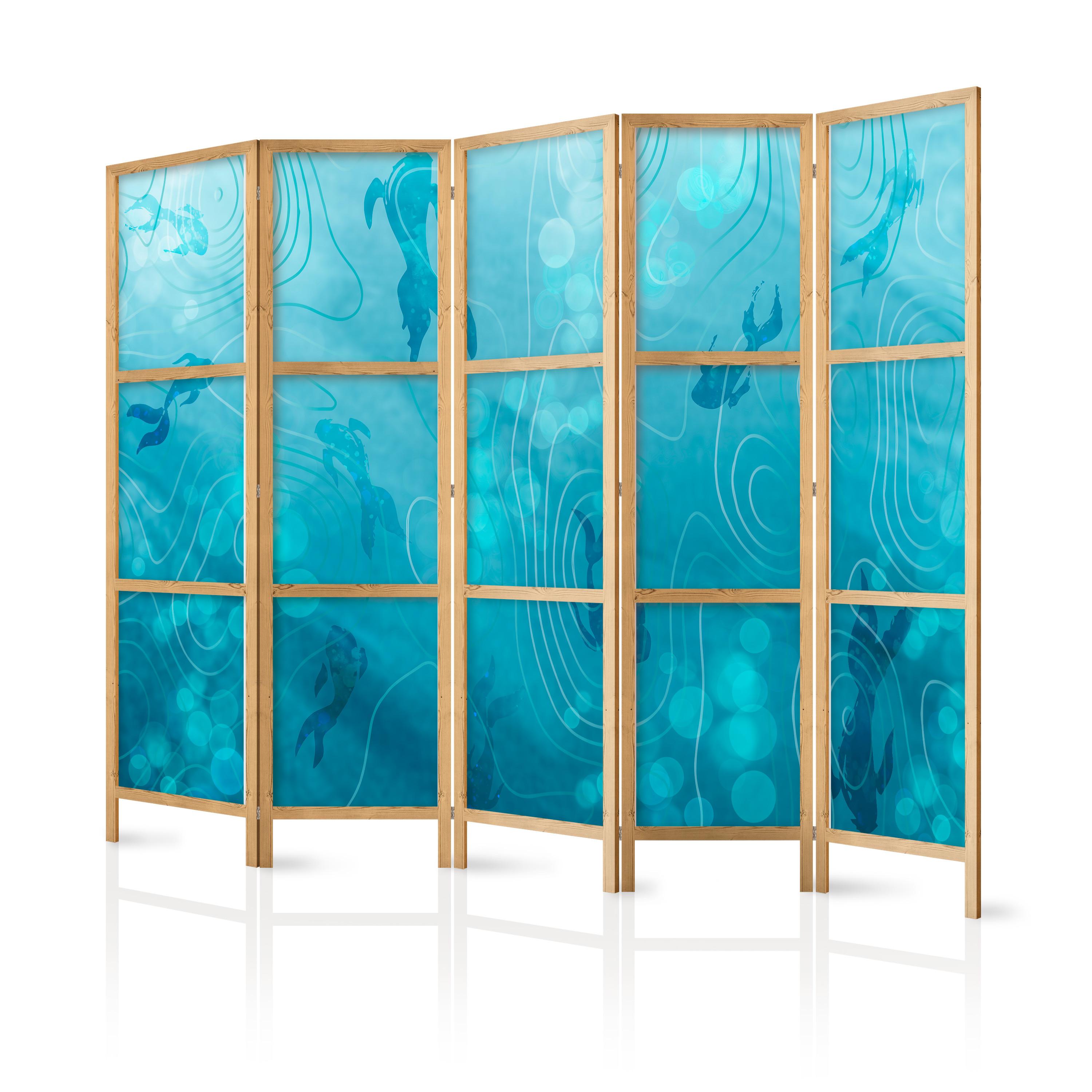 PARAVENT Japanischer 5-tlg 225x172 cm Fische Unter Wasser - Blau, Holz/Textil (225/172/3cm) - Muralo