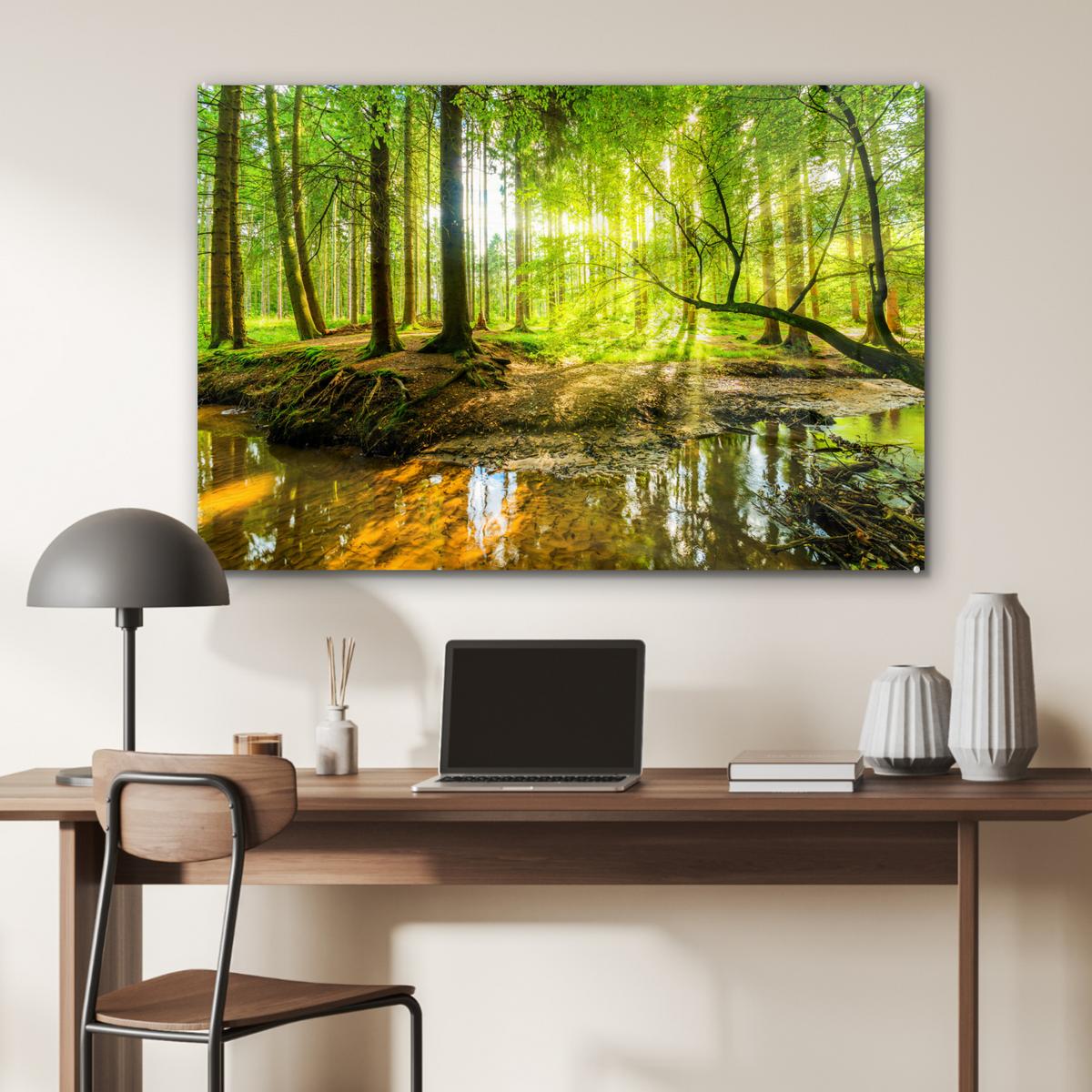 ACRYLGLASBILD Wald - Landschaft - Wasser - Bäume - Sonne - Grün - Natur Room Decor 90x60 cm - Grün, Glas (90/60cm) - MuchoWow