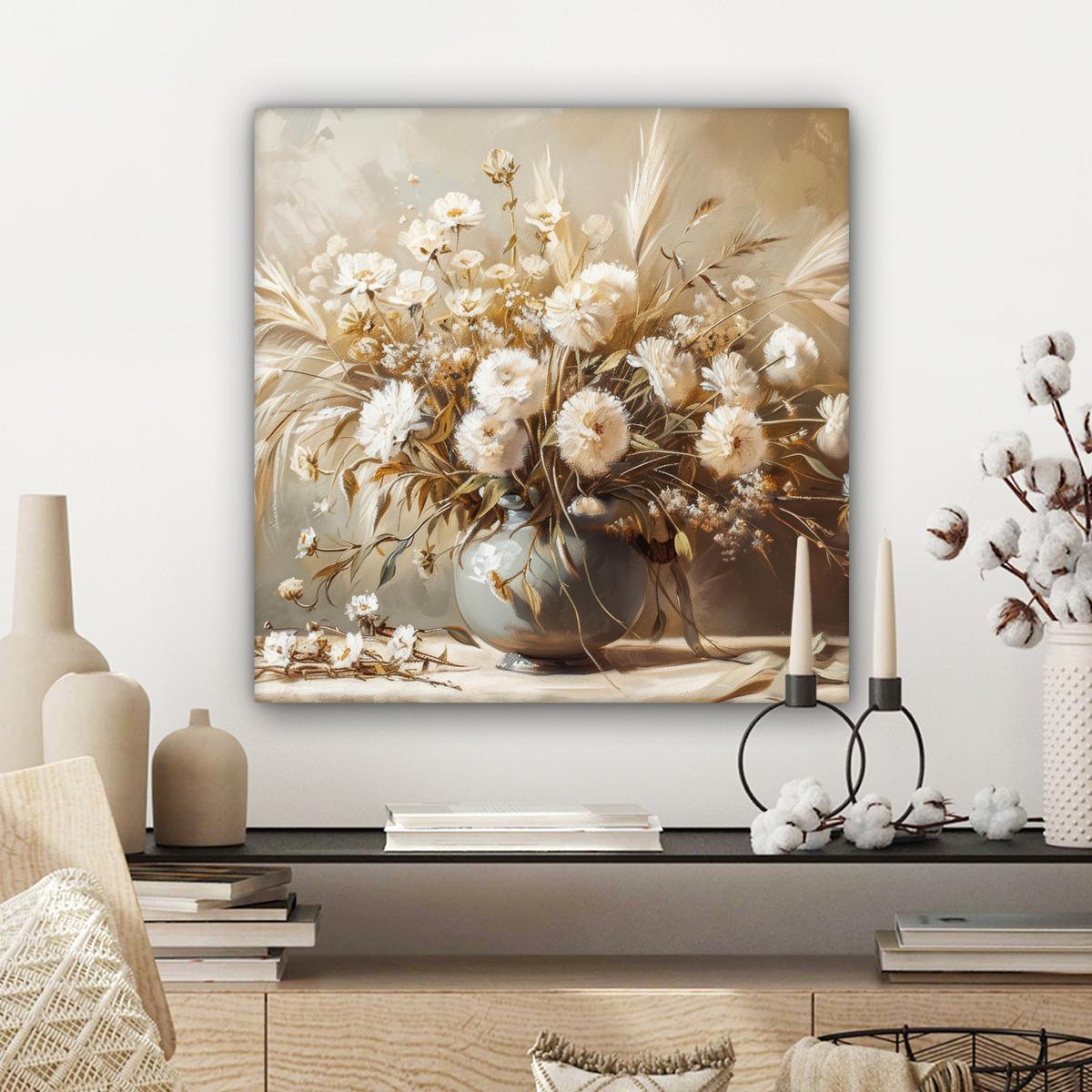 LEINWANDBILD Blumen - Vase - Stilleben - Beige Wandbild Wohnzimmer 50x50 cm - Creme, Textil (50/50cm) - MuchoWow