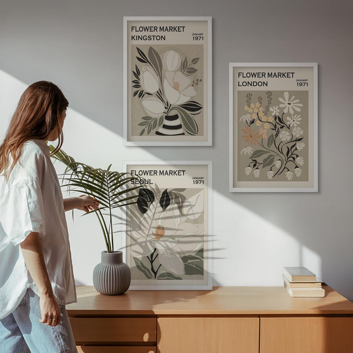 BILDER SET 3er Set - 40x60 cm Weißer Rahmen - Retro-Blumen aus Städten rund um die Welt - Weiß, Kunststoff (40/60cm) - TULUP