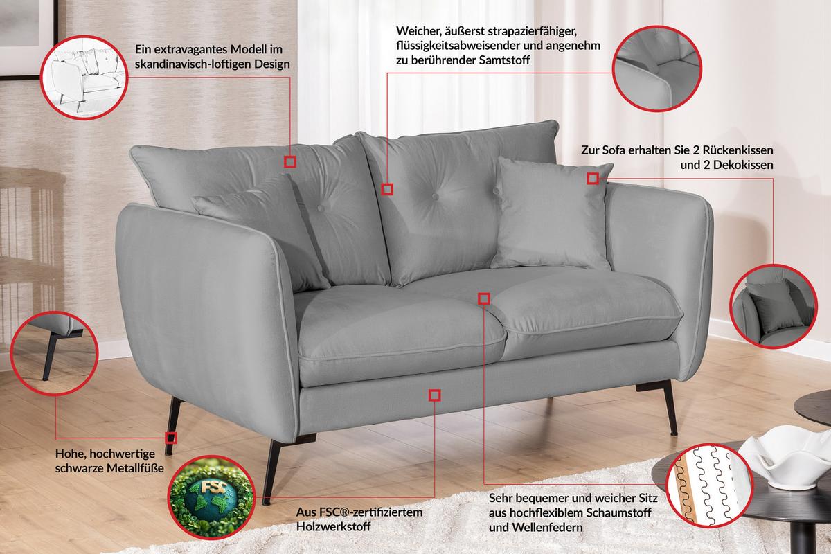 2-SITZER-SOFA Nordloft Hellgrau Samt - Hellgrau/Schwarz, Holz/Textil (174/86/100cm) - S-Style Möbel