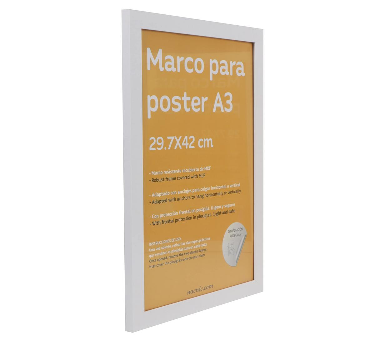 RAHMEN Set mit 3 aus MDF und Acrylglas Schutz und Aussteller für Fotografien, Bilder, Poster, Gemälde, Dekoration für Haus Farbe Weiß A3 - Weiß, Holz (29.7/3cm) - Nacnic