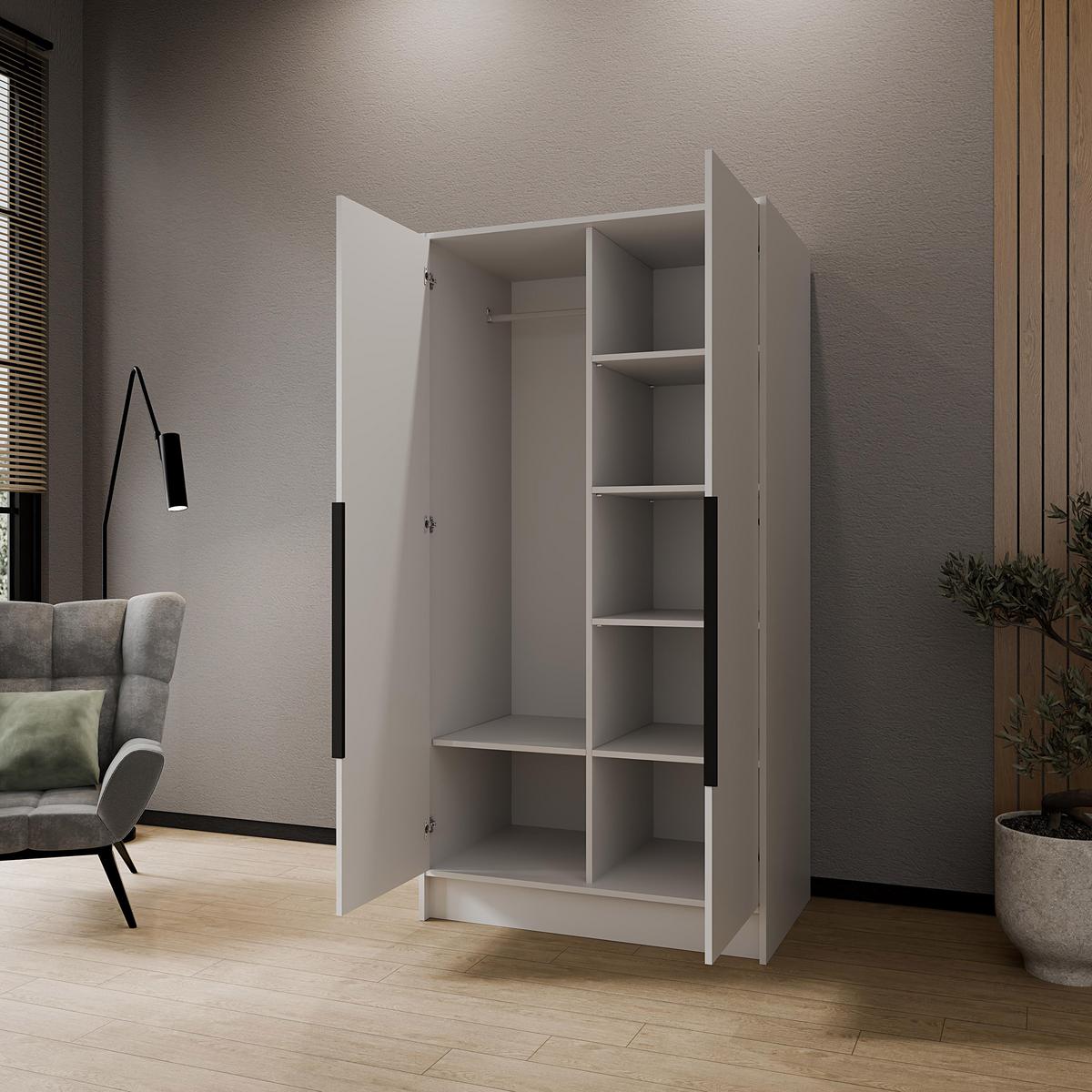 DREHTÜRENSCHRANK Laro mit Spiegel, Weiß mit mit schwarzen Griffen, 100 cm - Weiß, Holzwerkstoff (100/200/51cm) - Beautysofa