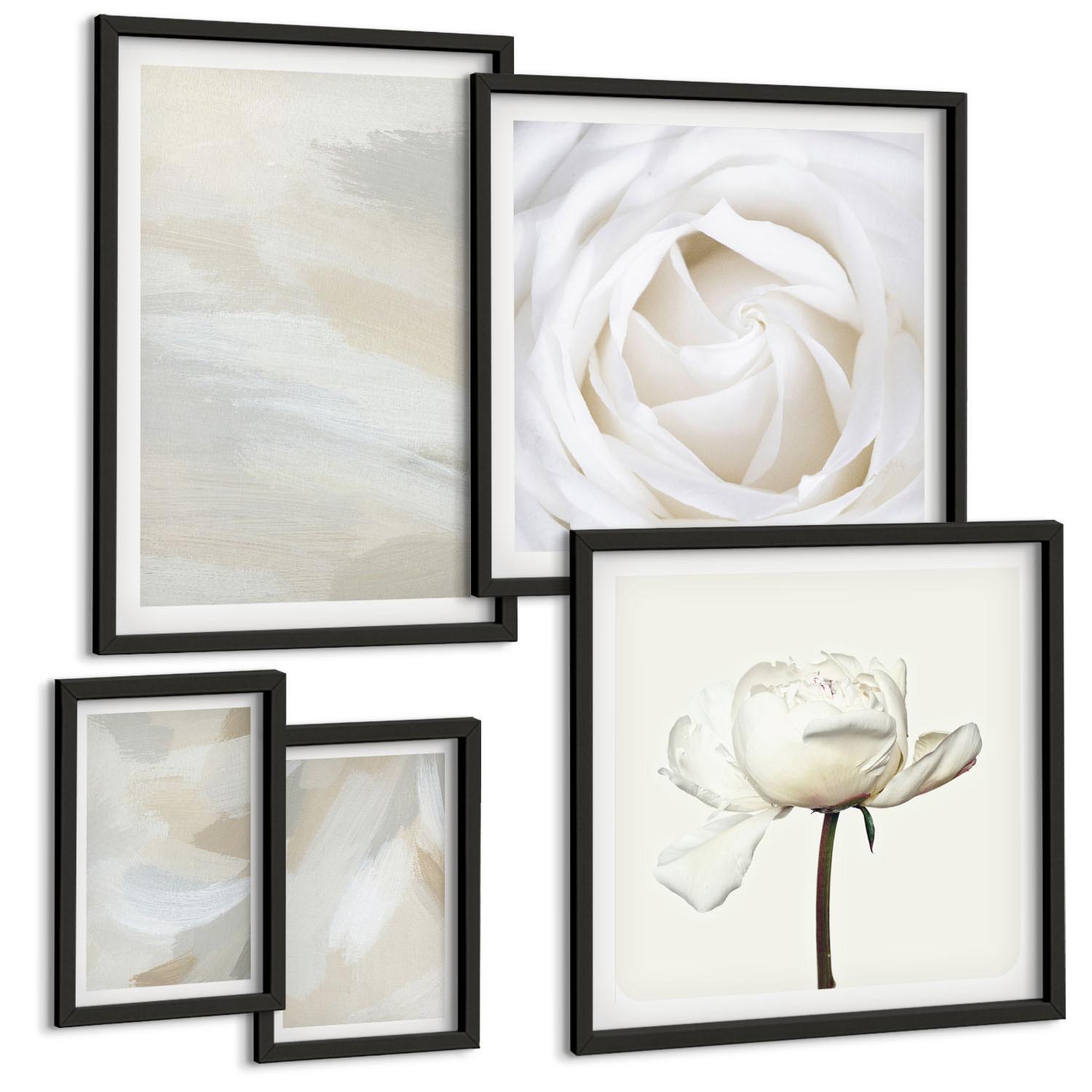 BILDER SET 5er Set - 50x50 cm & 20x30 cm & 40x60 cm Schwarzer Rahmen - Abstrakter Hintergrund mit feinen Strichen - Schwarz, Kunststoff (40/60cm) - TULUP