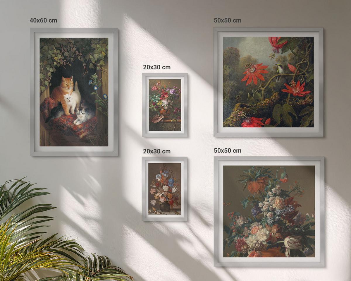 BILDER SET 5er Set - 50x50 cm & 20x30 cm & 40x60 cm Silberner Rahmen - Vintage-Blumen, Katzen, Pflanzen - Silberfarben, Kunststoff (40/60cm) - TULUP