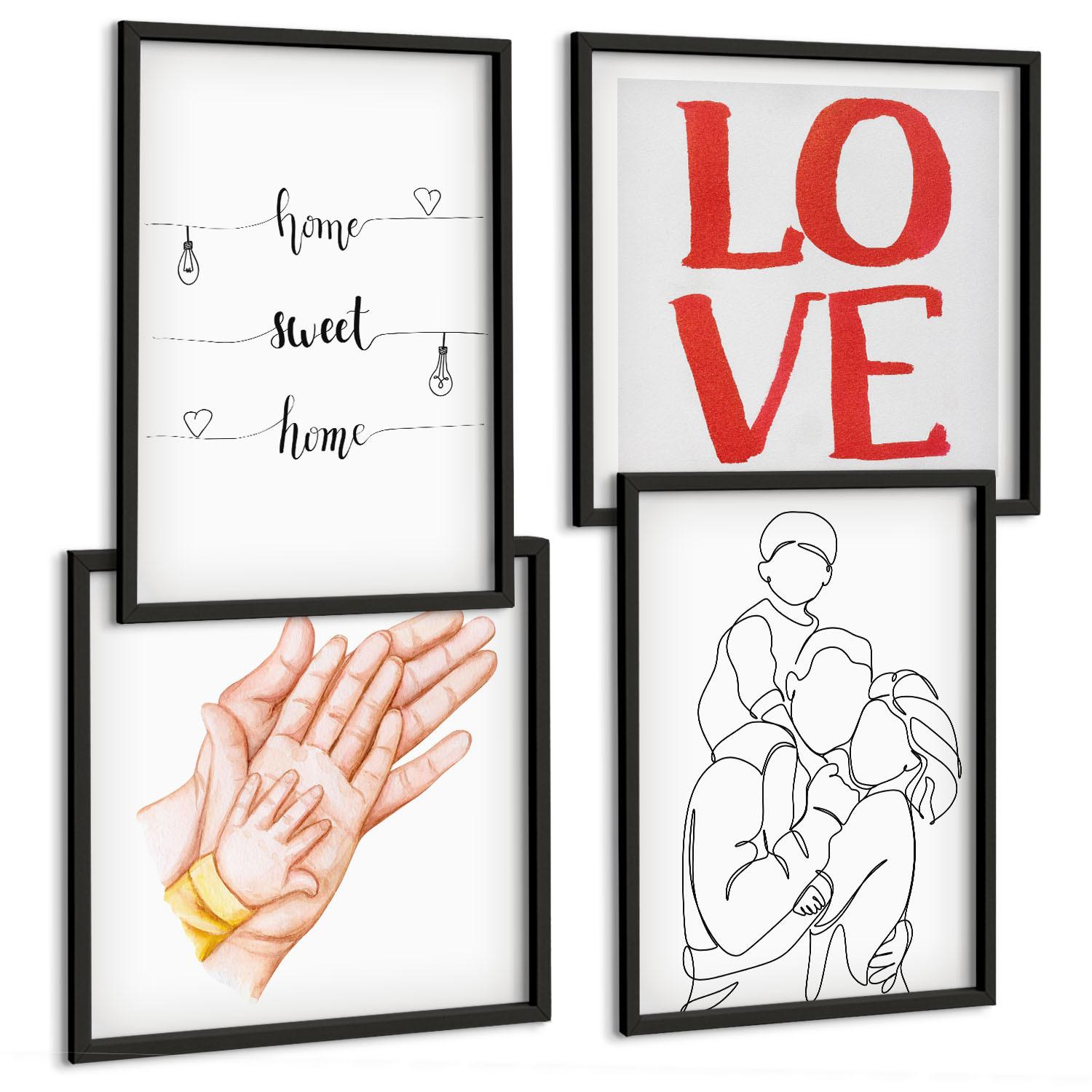 BILDER SET 4er Set - 50x50 cm & 40x60 cm Schwarzer Rahmen - Familienillustrationen Hausschilder - Schwarz, Kunststoff (50/50cm) - TULUP