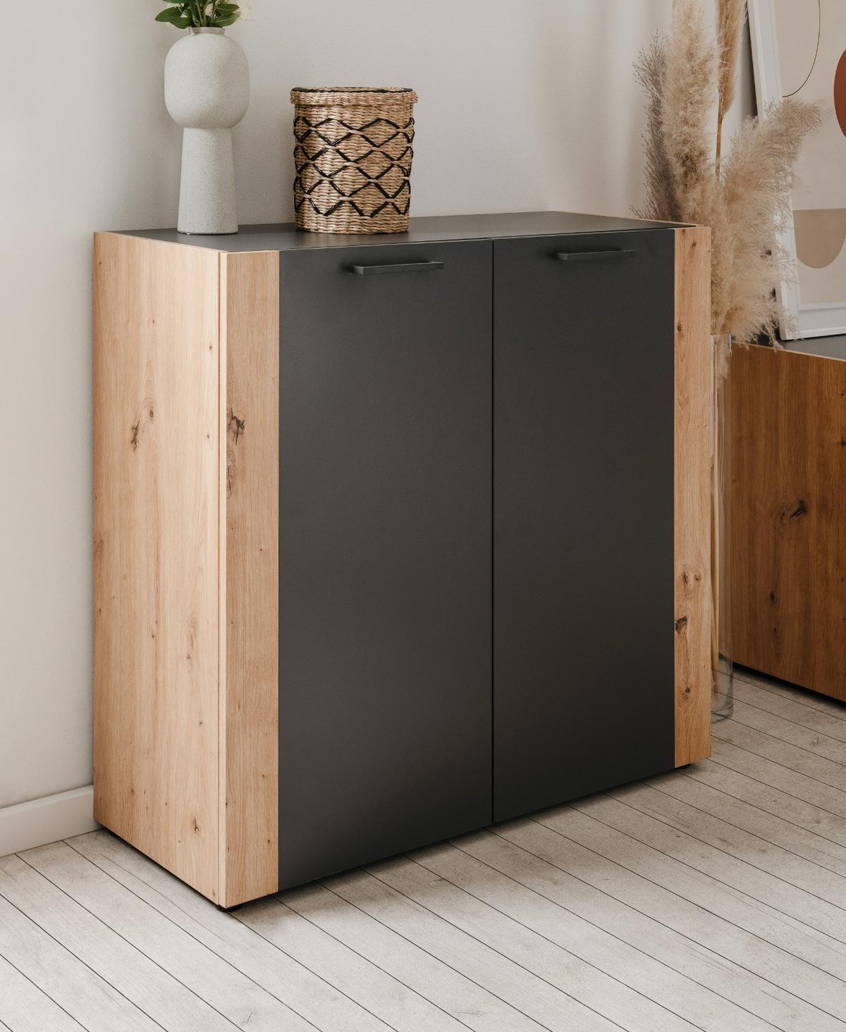 KOMMODE grau, Artisan Eiche 89 x 85 cm, Sideboard 2-türig - Anthrazit/Schwarz, Holzwerkstoff/Kunststoff (89/85/34.5cm) - Furn.Design