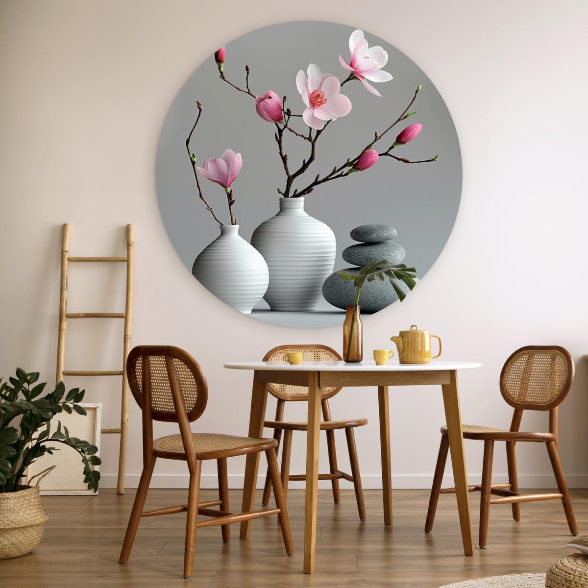 WANDBILD Magnolie - Blumen - Rosa - Zen-Steine Wandbild 120x120 cm - Hellgrau, Kunststoff (120/120cm) - MuchoWow