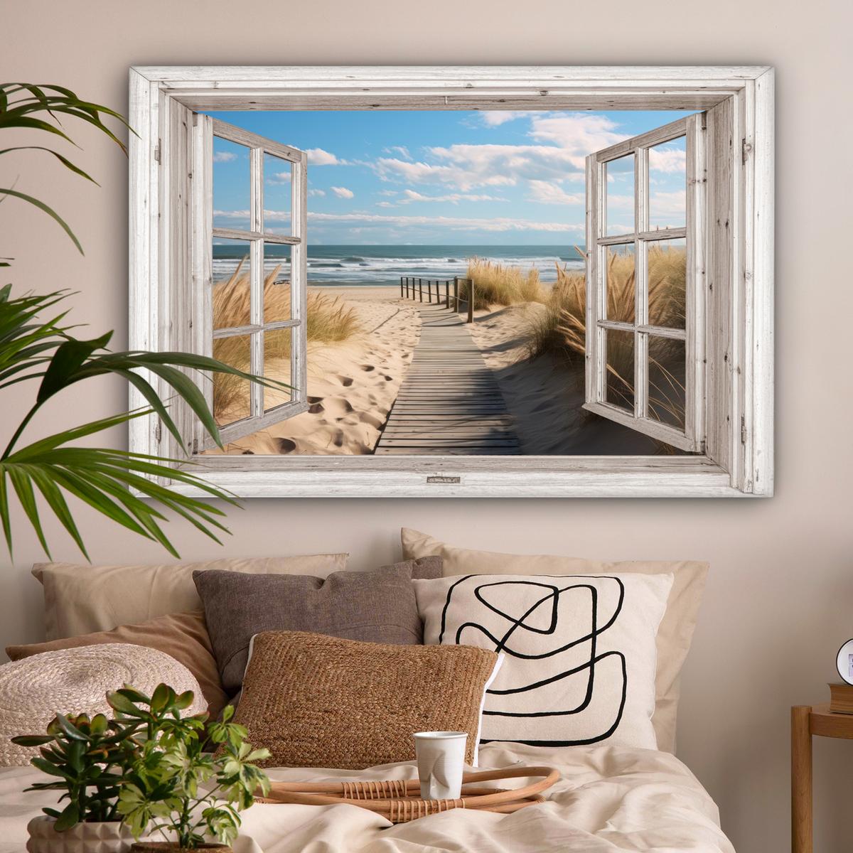 LEINWANDBILD Fenster - Meer - Küste - Natur - Ausblick - Strand - Wattenmeer Groß 140x90 cm - Beige, Textil (140/90cm) - MuchoWow