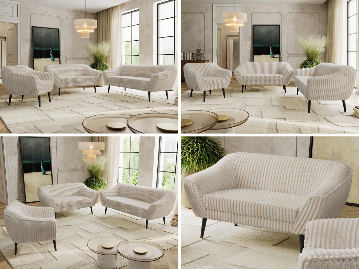 SITZGARNITUR PIRS 3+2+1 - Beige Cord - Schwarze Beine - Beige/Creme, Holzwerkstoff/Textil (180/75/74cm) - MKS