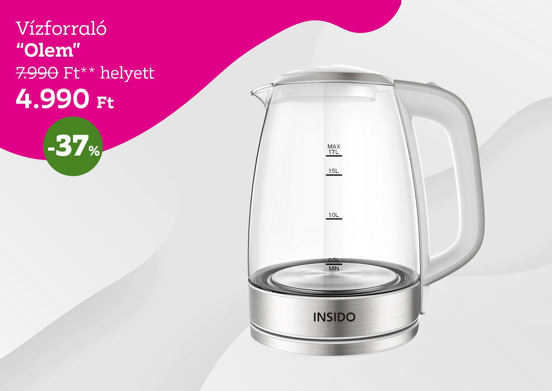 Vízforraló OLEM 7990 Forint helyett 4990 Forint, kedvezmény mértéke 37%