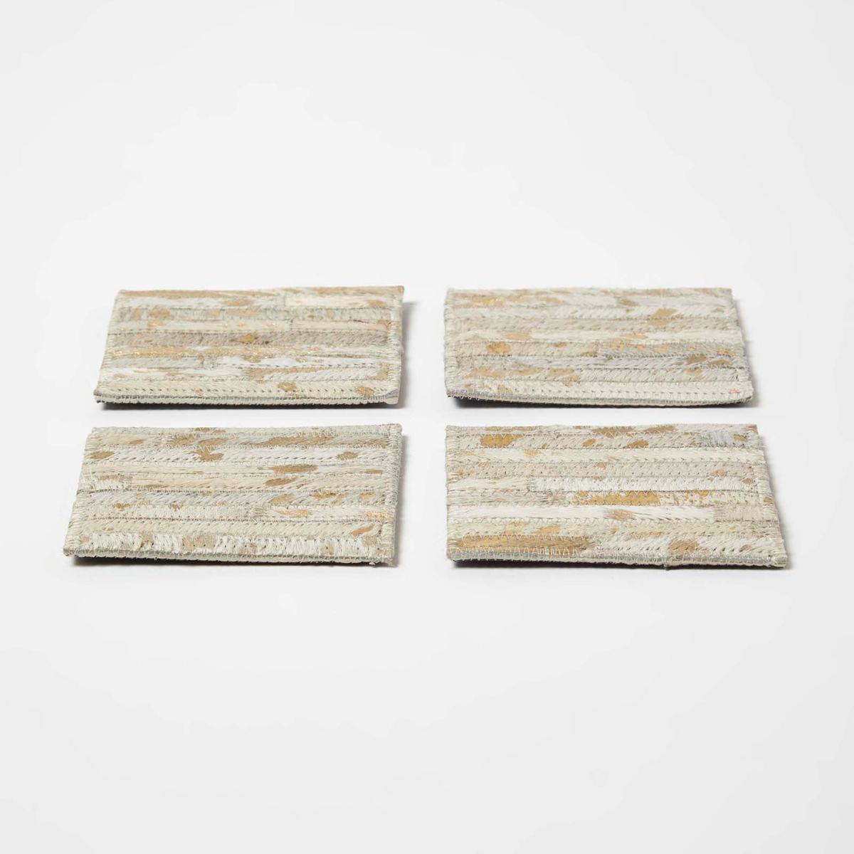 UNTERSETZER 4er-Set grau-gold, Patchwork-Streifen, Fell & Leder, 10/10 cm - Grau, Leder (10/10cm) - Homescapes