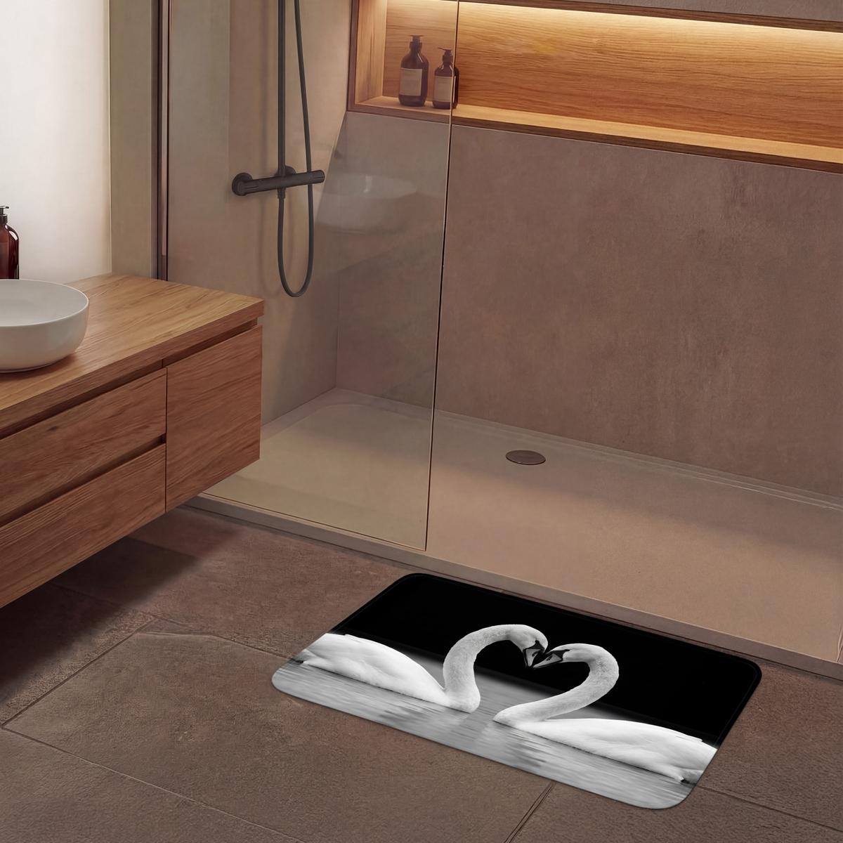 BADEMATTE Schwäne - Herz - Schwarz - Weiß 90x60 cm - Schwarz, Textil (90/60cm) - OnlyWow