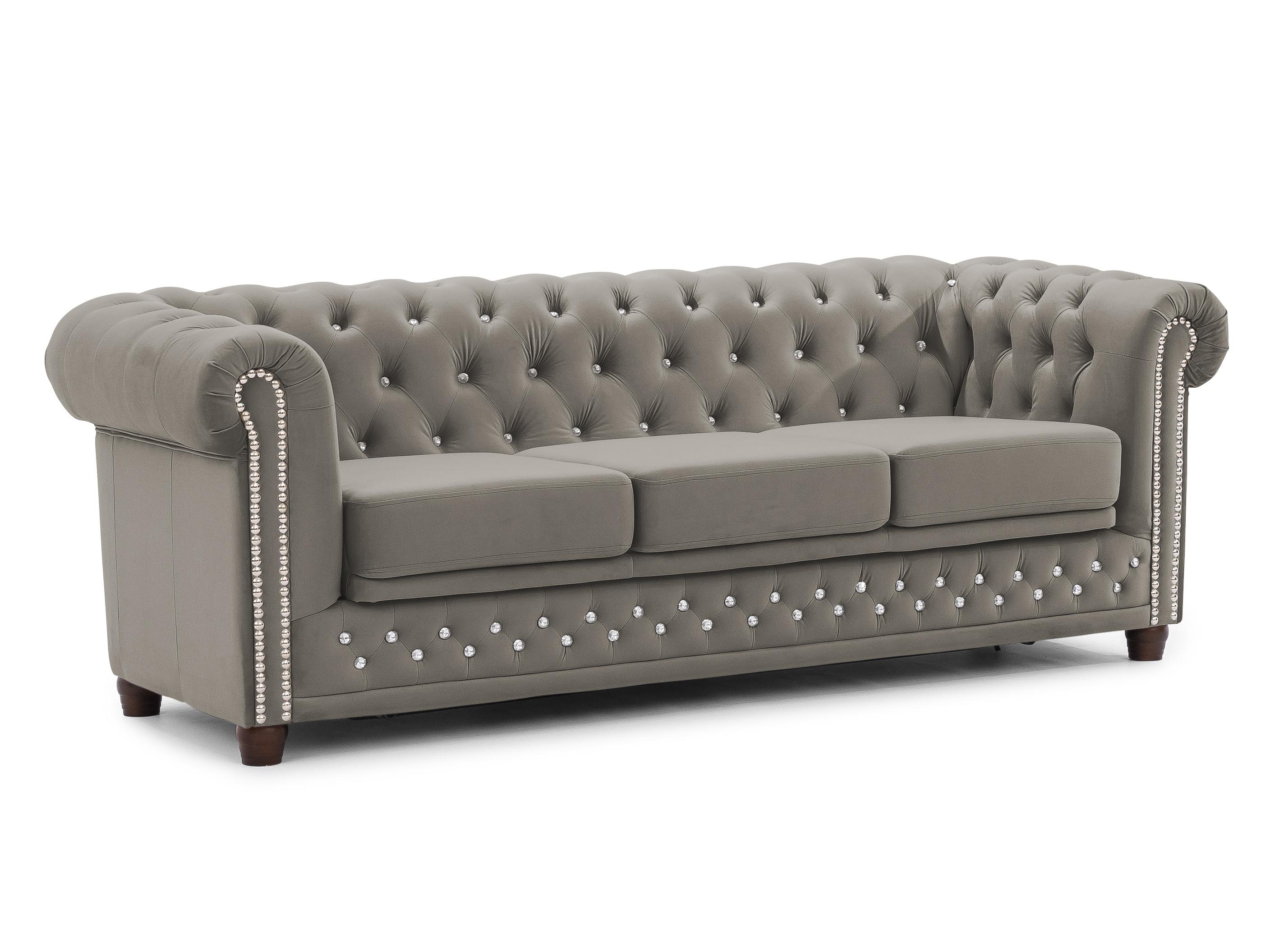 CHESTERFIELD-SOFA 3-Sitzer mit Schlaffunktion Cleo Blink Grau Samt mit Kristallsteppung und braunen Massivholzfüßen - Braun/Grau, Holz/Textil (203/72/86cm) - S-Style