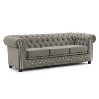 CHESTERFIELD-SOFA 3-Sitzer mit Schlaffunktion Cleo Blink Grau Samt mit Kristallsteppung und braunen Massivholzfüßen - Braun/Grau, Holz/Textil (203/72/86cm) - S-Style