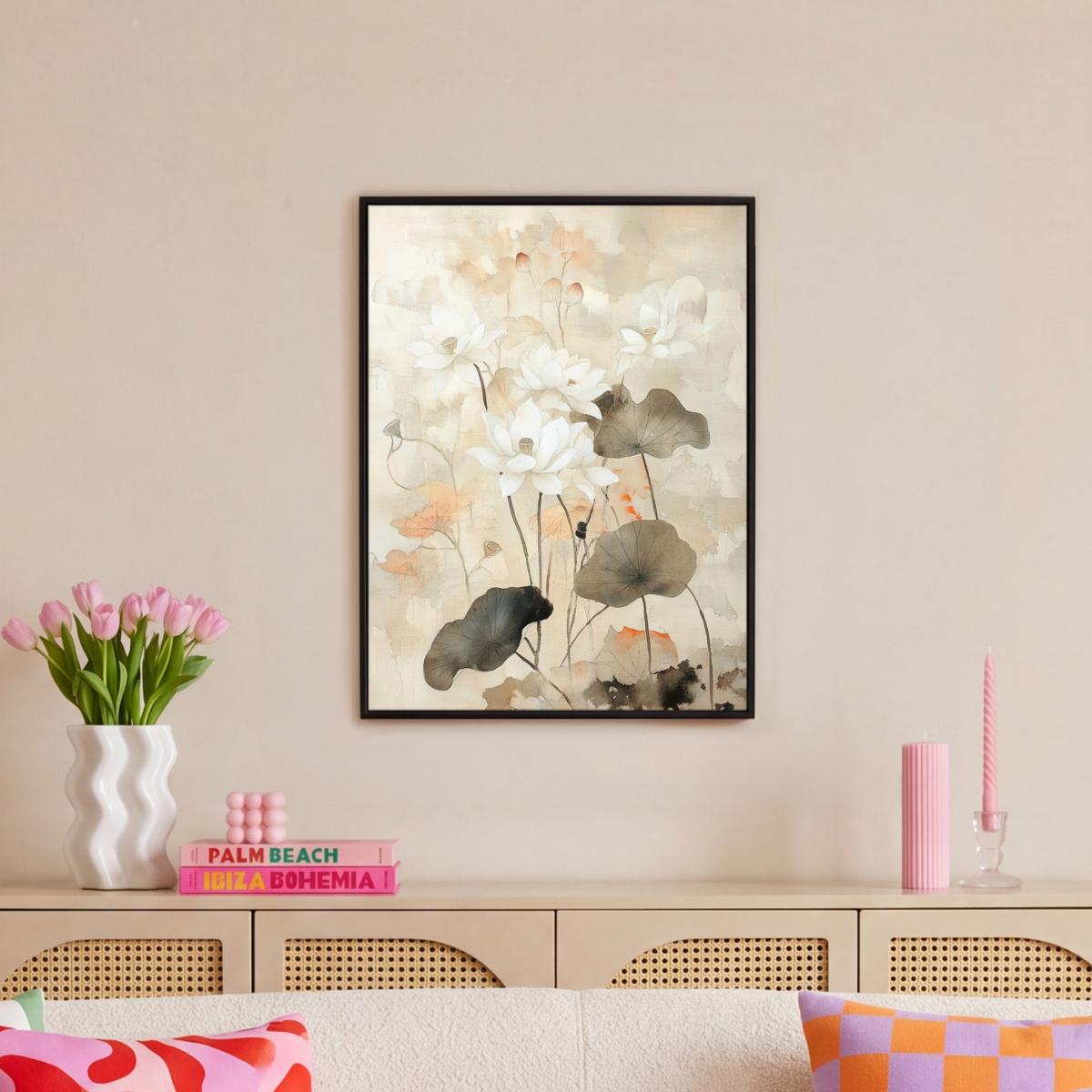 LEINWAND Bilder mit Rahmen - Blumen - Japandi - Wabi sabi - 50x70 - Sandfarben, Textil (50/70cm) - MuchoWow