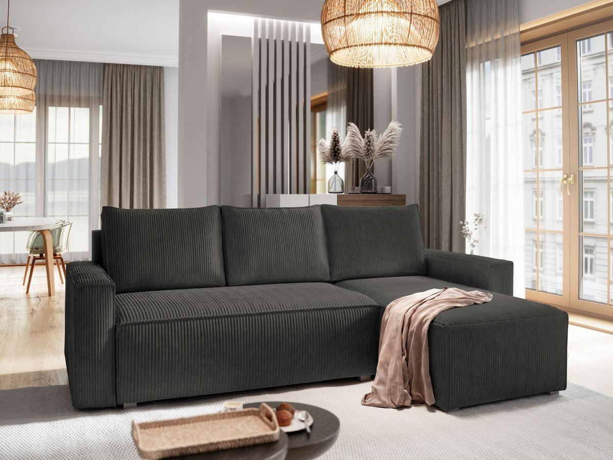ECKSOFA POTARO Graphitfarben Kordstoff mit Schlaffunktion - Graphitfarben/Grau, Holz/Kunststoff (232/140cm) - MASSENO