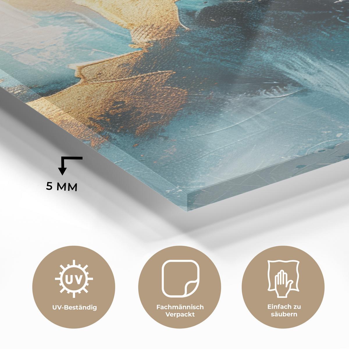 ACRYLGLASBILD Abstrakt - Kunst - Gold - Blau 80x120 cm - Petrol, Glas (80/120cm) - MuchoWow