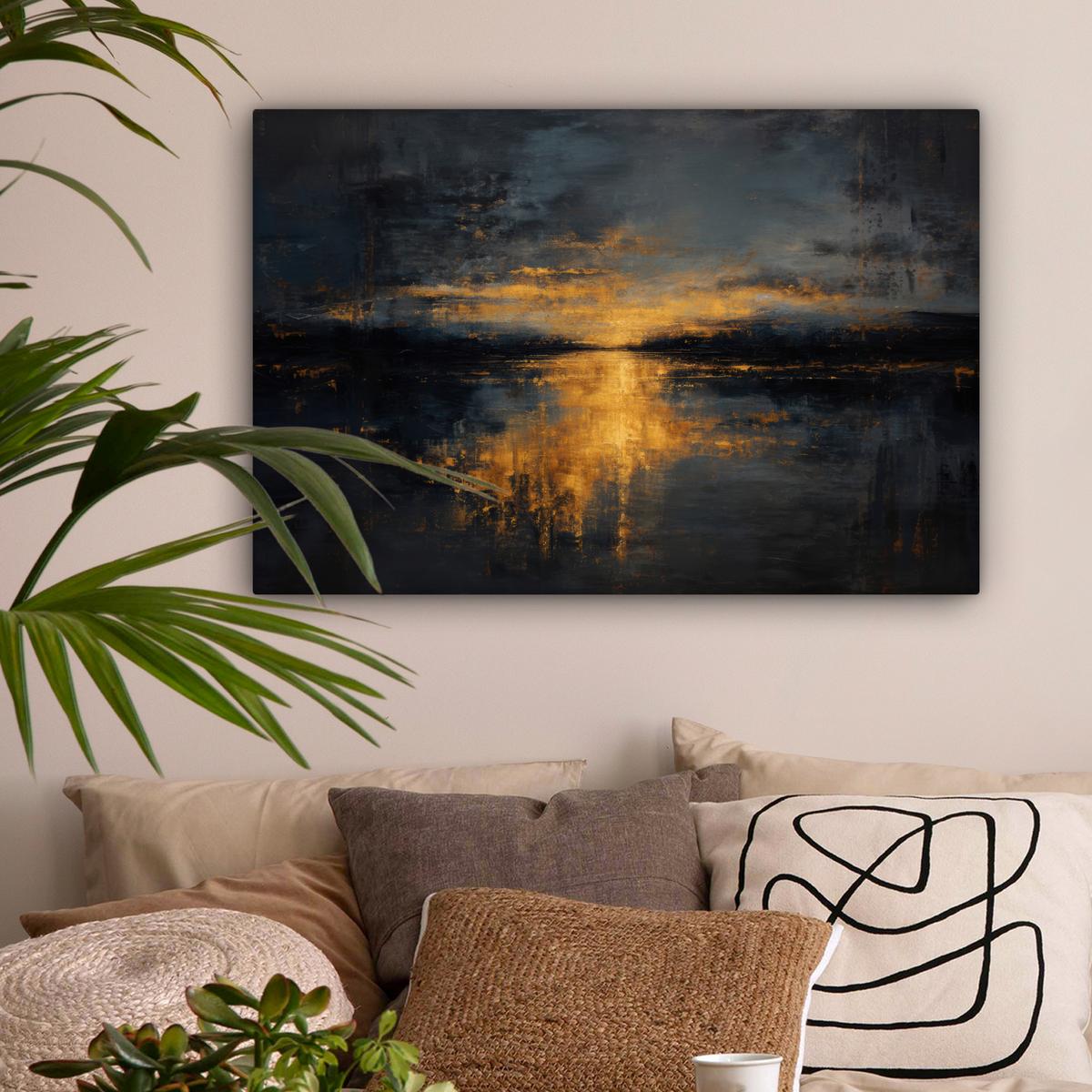 LEINWANDBILD Goldene Reflexion auf dem Wasser Gemälde 60x40 cm - Anthrazit, Textil (60/40cm) - MuchoWow