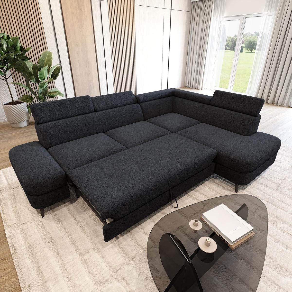 ECKSOFA AVISE Q R-S Schwarz Boucle-Stoff mit Schlaffunktion - Schwarz, Holzwerkstoff/Textil (268/195cm) - MASSENO