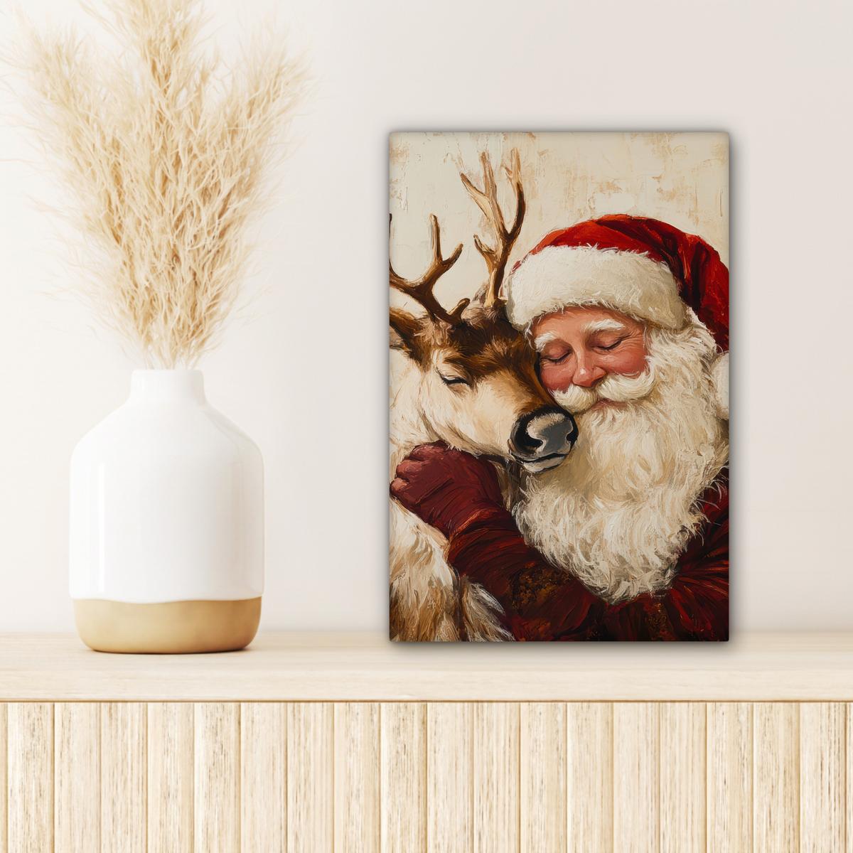 LEINWANDBILD Weihnachtsmann - Rentier - Weihnachten Deko Wohnzimmer 20x30 cm - Rotbraun, Textil (20/30cm) - MuchoWow