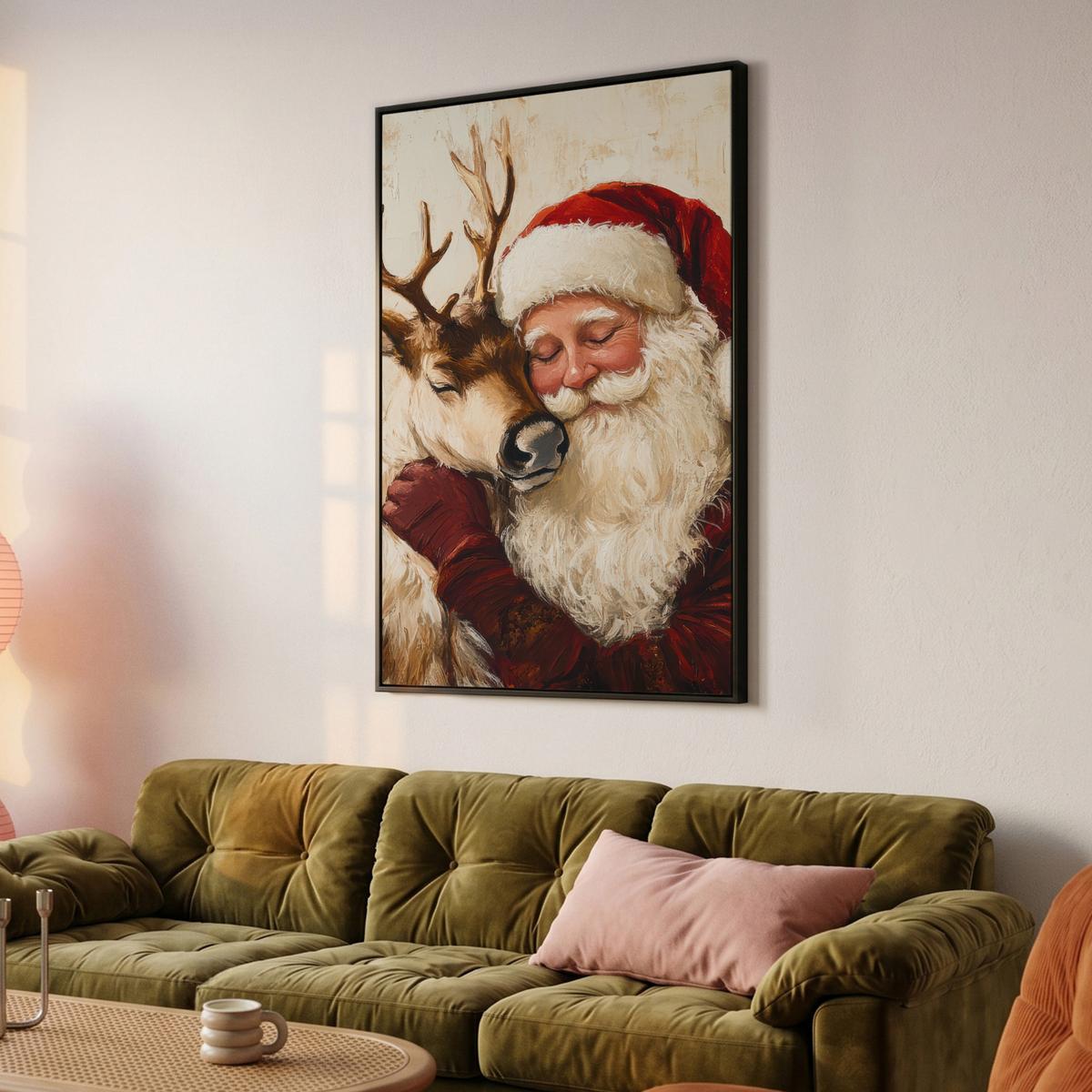 LEINWAND Bilder mit Rahmen - Weihnachtsmann - Rentier - Weihnachten - 100x150 - Rotbraun, Textil (100/150cm) - MuchoWow