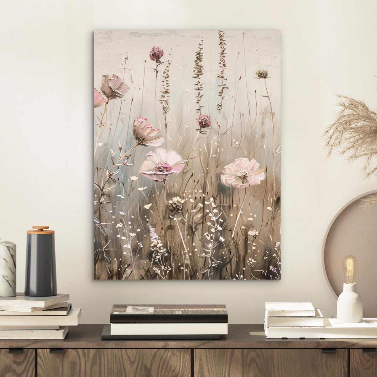 METALLBILD Blumen - Rosa - Modern - Beige 30x40 cm - Beige, Metall (30/40cm) - MuchoWow