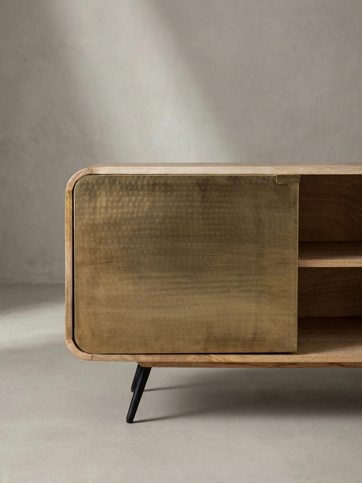 LOWBOARD Mango Massivholz Modern Stil 160x55x41 cm mit punzierten Türen - Schwarz/Braun, Holz/Metall (160/55/41cm) - KADIMA DESIGN