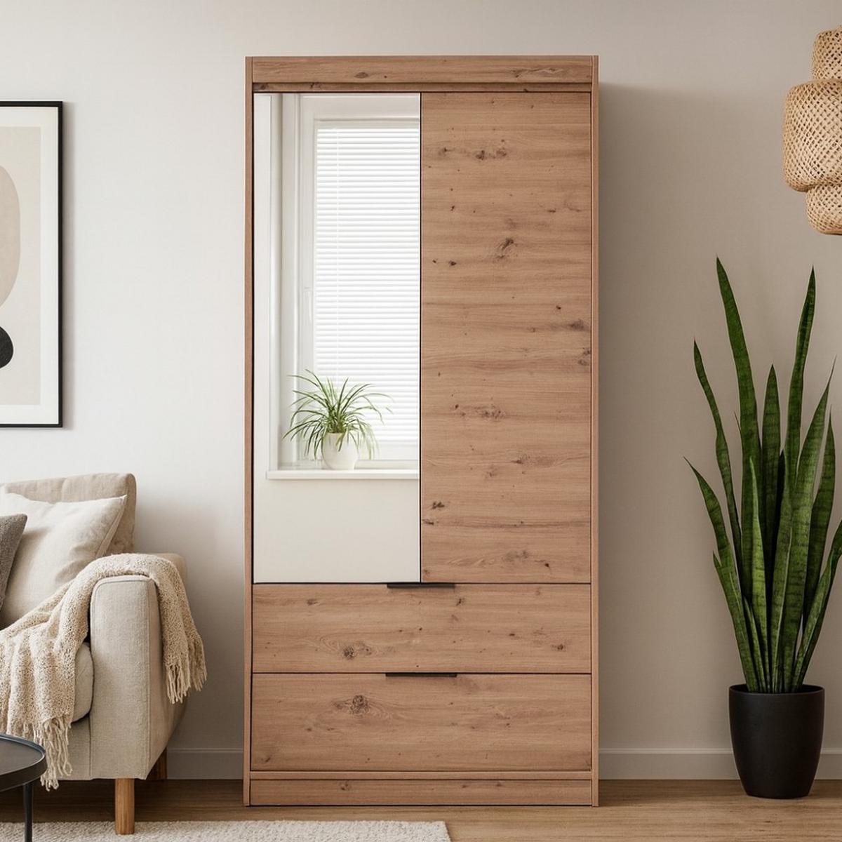 DREHTÜRENSCHRANK Madero mit Spiegel und 2 Schubladen, 103 cm, eiche Artisan - Eiche Artisan, Holzwerkstoff (103/213/60cm) - Beautysofa