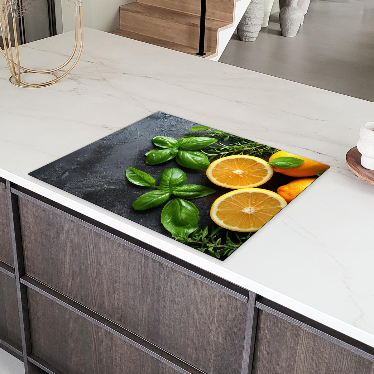 HERDABDECKPLATTE Obst - Grau - Konkret - Orange - Pflanzen Induktionsmatte 77x59 cm - Anthrazit, Kunststoff (77/59/0.2cm) - MuchoWow