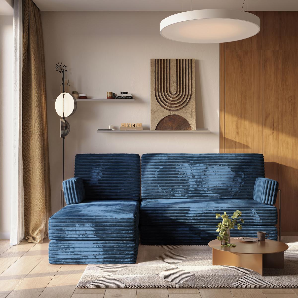 ECKSOFA NOTIA modulares Boneless Sofa mit Schlaffunktion Blau Kordstoff - Blau, Textil (200/120cm) - MASSENO