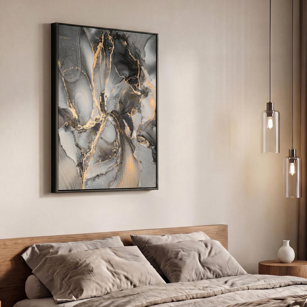 LEINWAND Bilder mit Rahmen - Grau - Luxus - Gold - Marmor - 70x100 - Dunkelgrau, Textil (70/100cm) - MuchoWow