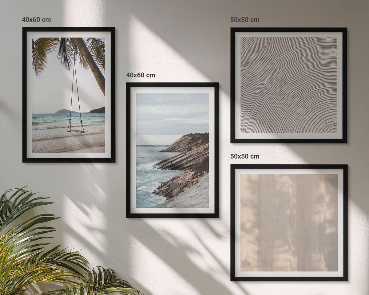 BILDER SET 4er Set - 50x50 cm & 40x60 cm Schwarzer Rahmen - Sommerlicher Sandstrand mit Meerblick - Schwarz, Kunststoff (50/50cm) - TULUP