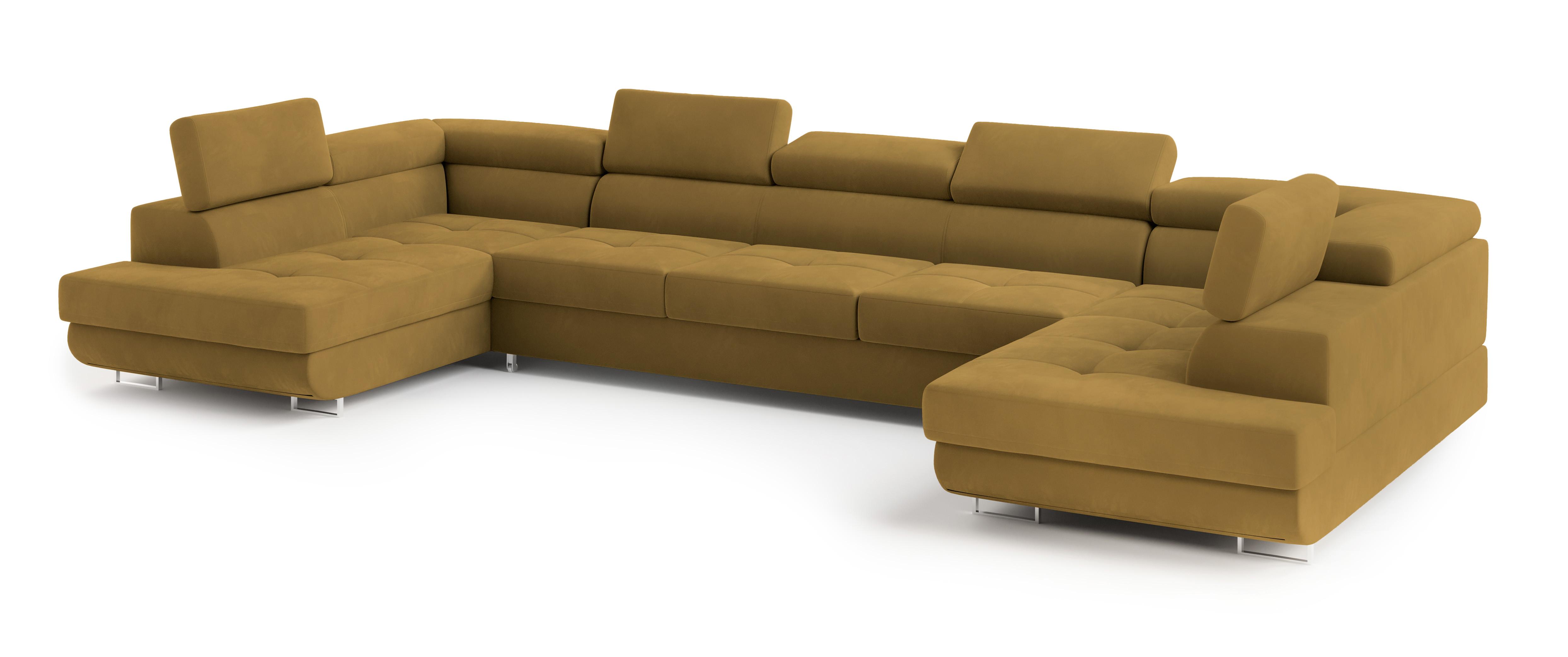 WOHNLANDSCHAFT ISOLANO Gelb Velours-Stoff mit Schlaffunktion - Gelb, Holz (408/90/202cm) - MASSENO