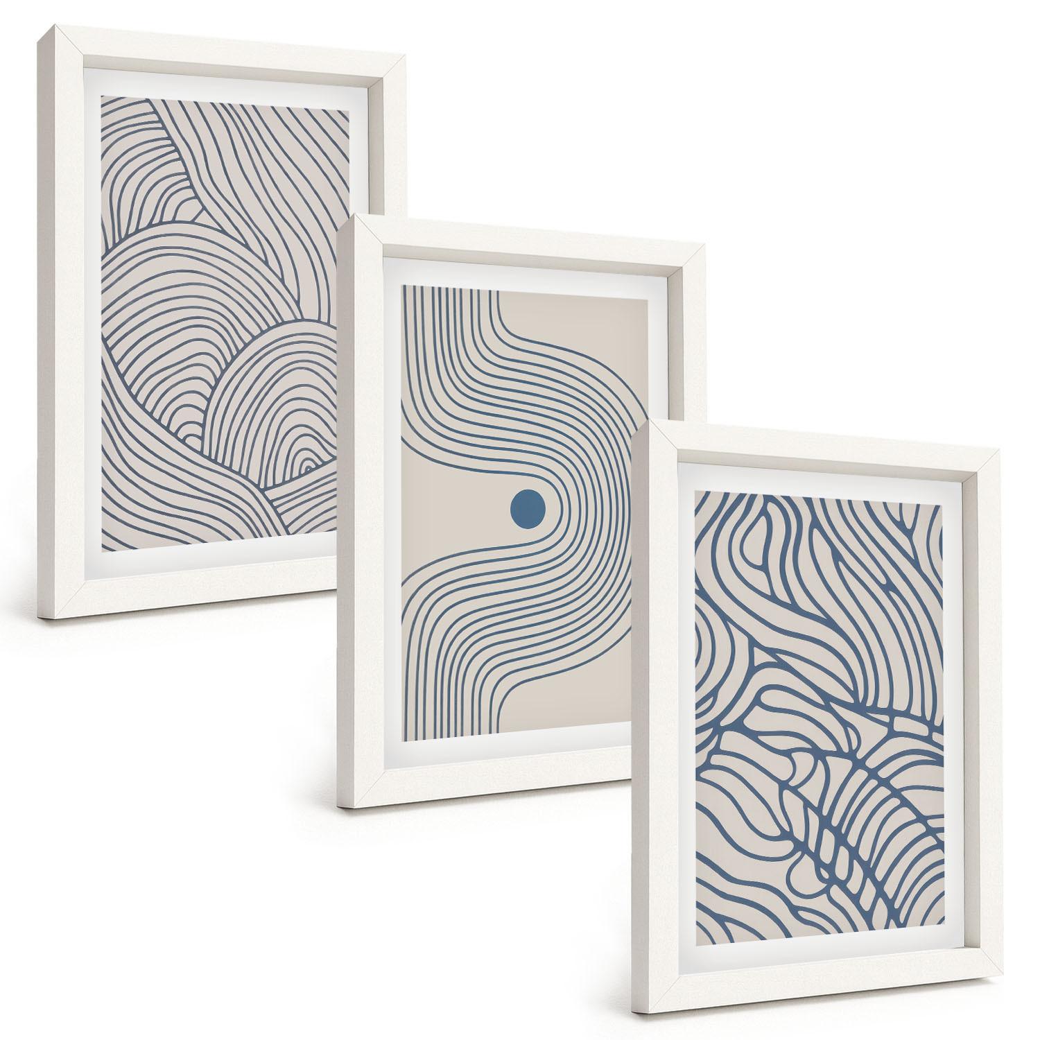BILDER SET 3er Set - 20x30 cm Weißer Rahmen - Abstrakte Linien, Wellenformen - Weiß, Kunststoff (20/30cm) - TULUP