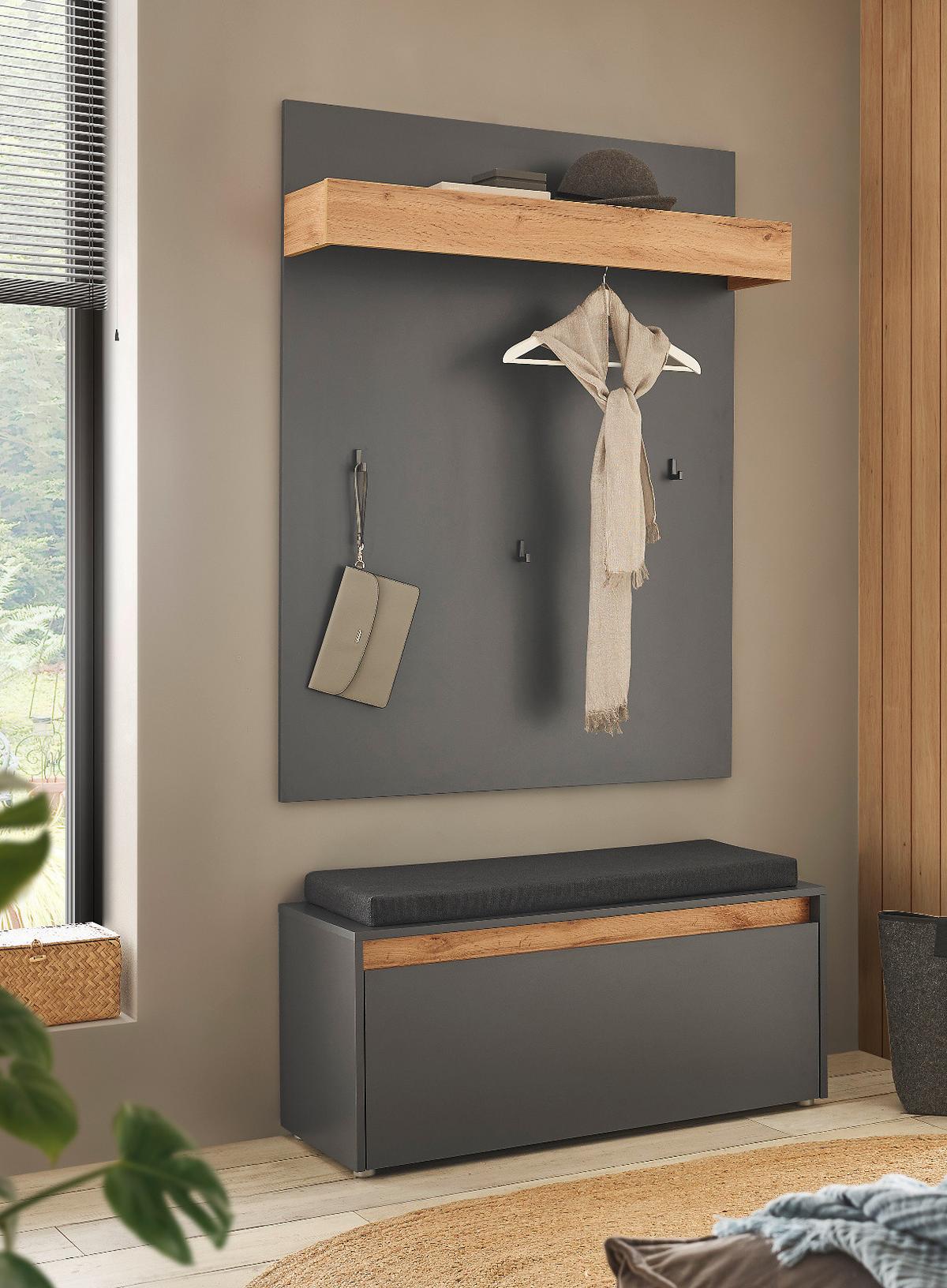 GARDEROBEN-SET 3-teilig grau matt, Eiche Wotan 100 cm, Flurgarderobe inklusive Sitzkissen - Eiche Wotan/Silberfarben, Holzwerkstoff/Kunststoff (100/200/40cm) - Furn.Design