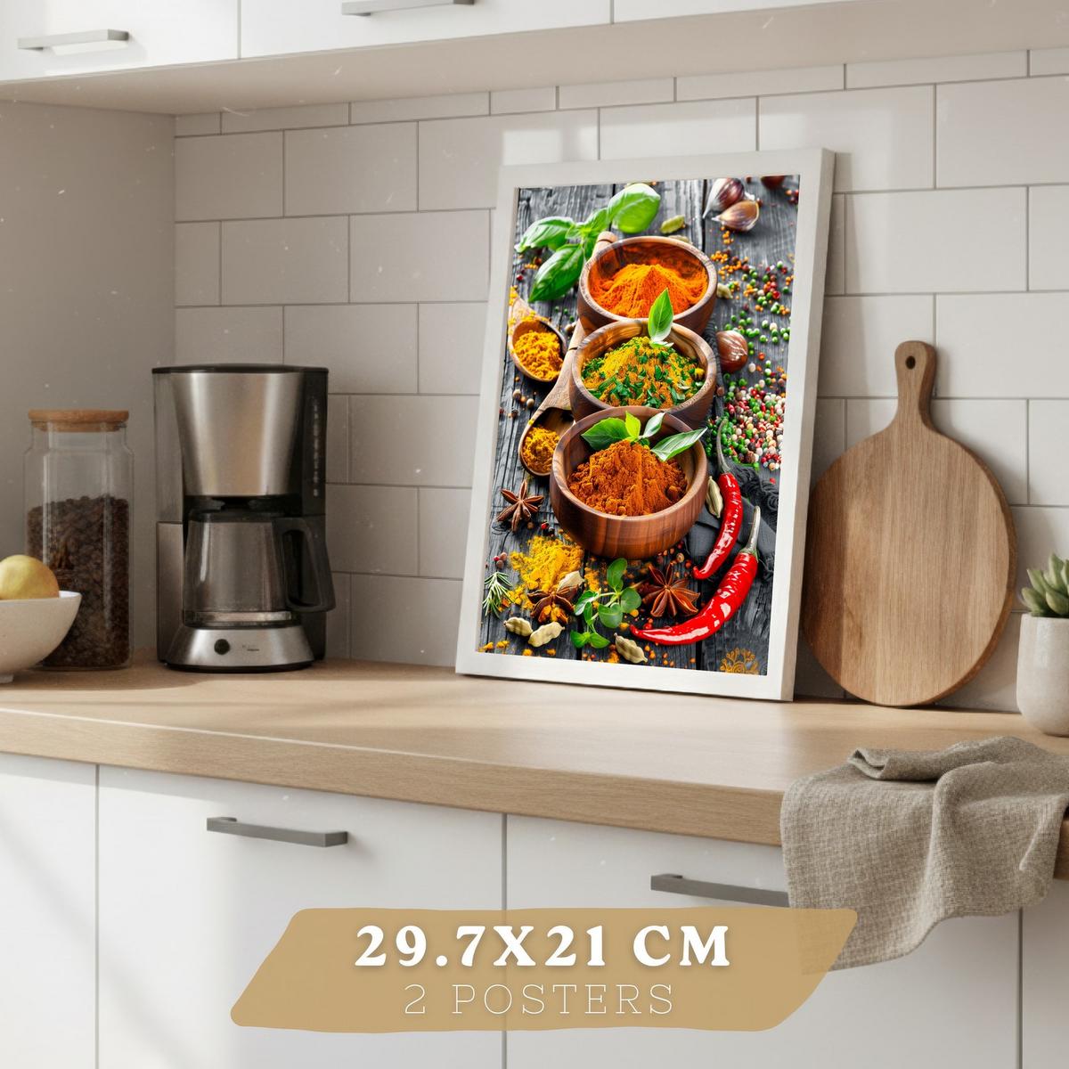 POSTER 2er Set Küchen-Wandbilder Cocktail Aperol und Gewürze Warme Farbtöne Esszimmer Wanddeko Weißer Rahmen A4 - Weiß, Papier (29.7/1/21cm) - Nacnic