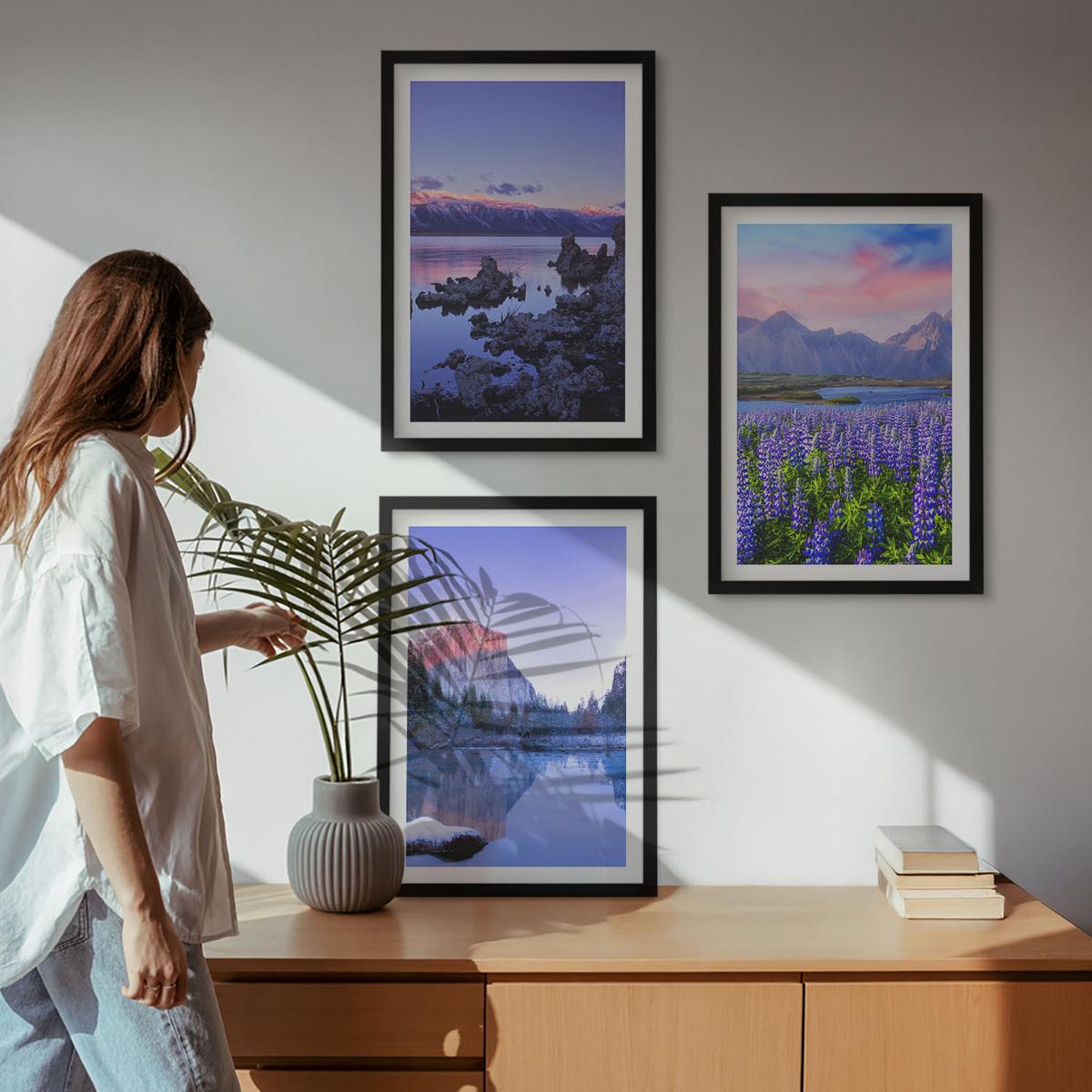 BILDER SET 3er Set - 40x60 cm Schwarzer Rahmen - Berglandschaften mit Wasser und Himmel - Schwarz, Kunststoff (40/60cm) - TULUP